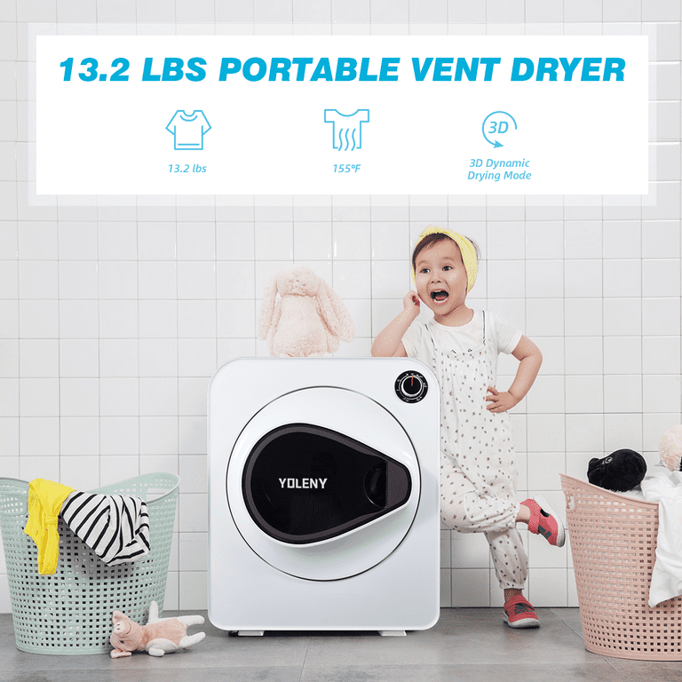 Yoleny Electric Compact Laundry Dryer, 13.2 lbs Load Stainless Steel Portable Dryer with Exhaust Pipe, Clothes Dryer for Apartments, White