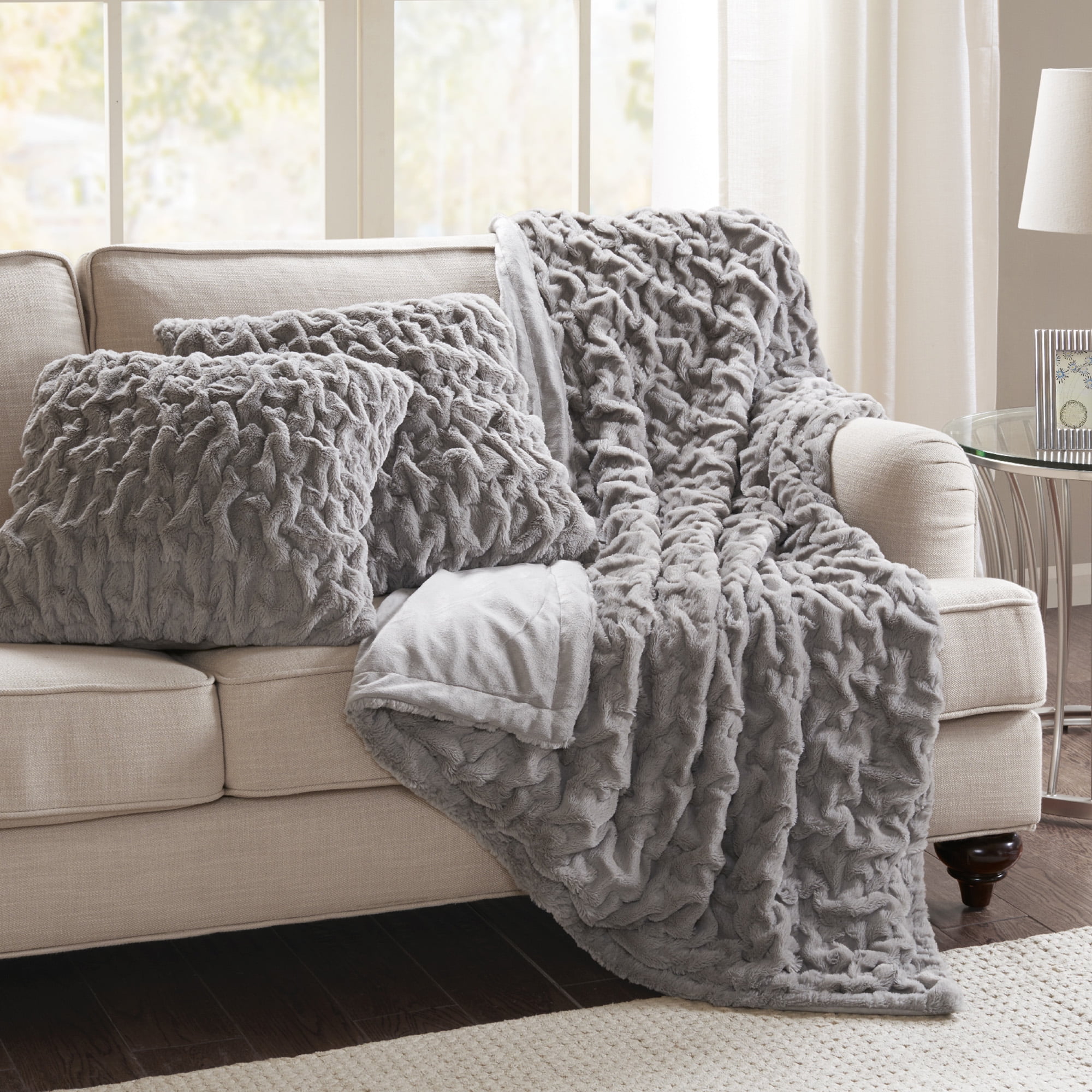 Comfort Spaces Solid Ruched Faux Fur Throw, 50x60", Grey