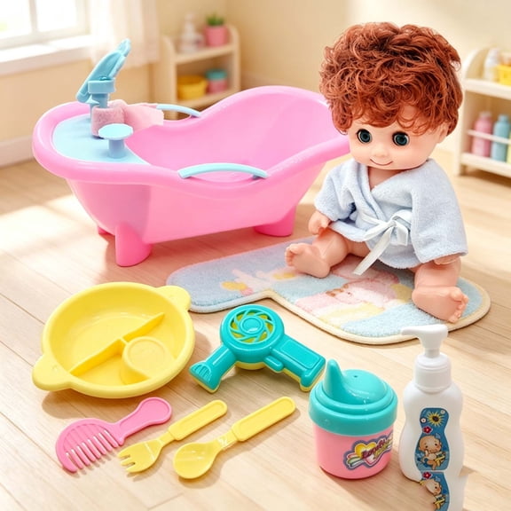 Qocolcyl Pretend Baby Doll Bath Time Play Set 9PCS with Bathtub Shampoo Bottle Shower Accessories,Nursery Care Role Play Educational Toy for Little Girls Toddlers Pretend Parenting Game Birthday Gift