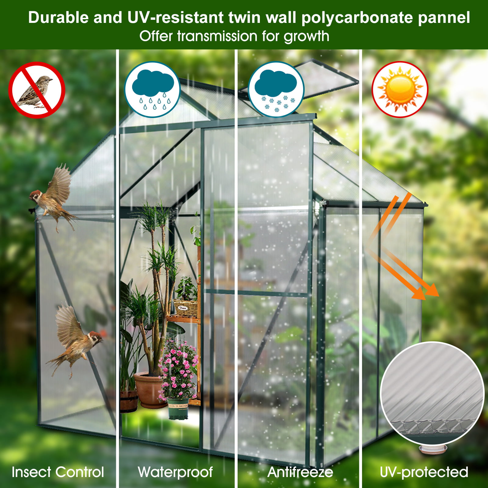 4x6 JULYS SONG Greenhouse,Polycarbonate Walk-in Plant Greenhouse with Window for Winter,Garden Green House Kit for Backyard/Outdoor Use 