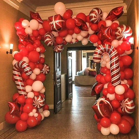Christmas Balloon Arch Kit - Red White Balloons, Candy Balloons, Red Star Foil Balloons, Candy Cane Foil Balloons, Box Foil Balloons for Xmas Balloon Garland Kit Christmas Party Decorations