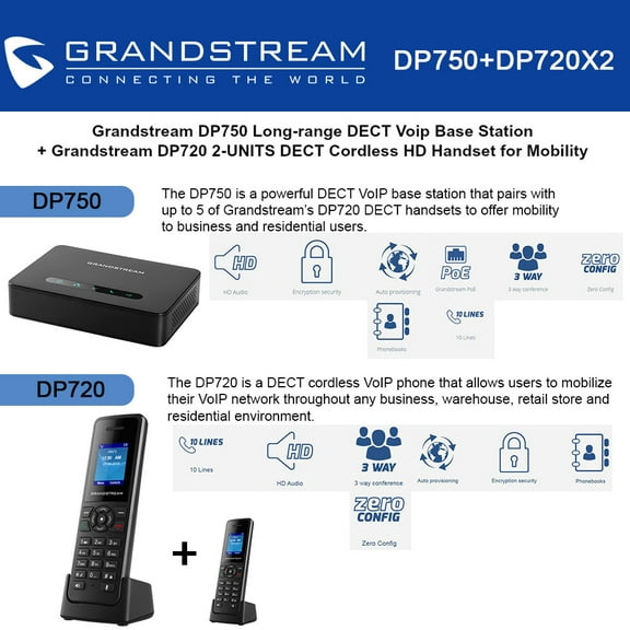 Grandstream DP750 Long-range DECT Base Station   DP720 2-UNITS DECT HD Handset