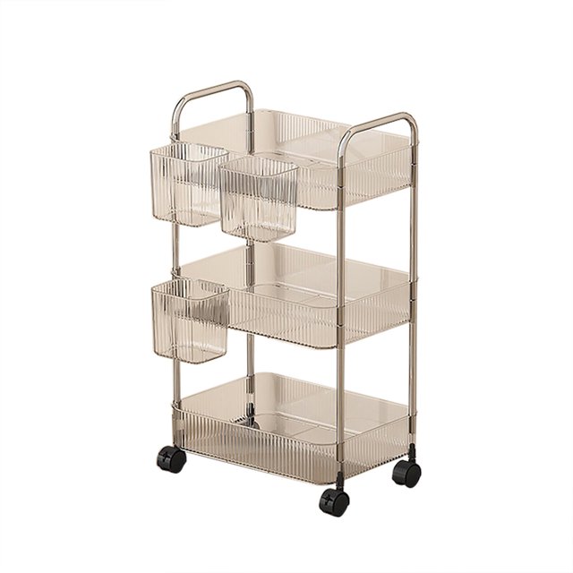 Sulaicai Chariot Utilitaire Roulant en Plastique à 3 Niveaux avec Poignée et 2 Tasses Suspendues, Chariot Durable et Robuste avec Roues, Organisateur de Rangement Mobile pour Salle de Bain, Cuisine, Salon, Bureau