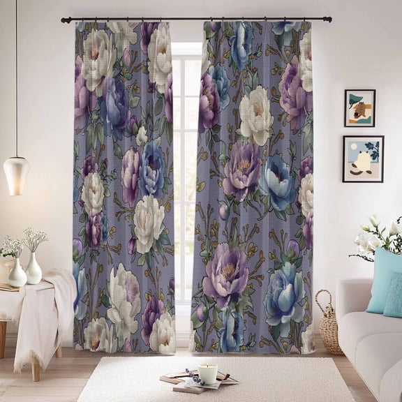 Spring Flowers Blackout Curtains for Bedroom/Living Room, Pinch Pleated Black Out Curtains, Farmhouse Retro Botanical Purple Blue Floral Room Darkening Window Drapes with Hooks 2 Panels, 39"x70"