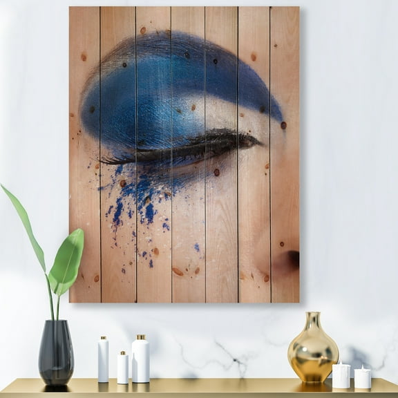 Designart 'Closed Woman Eye With Blue Fantasy Make Up' Modern Print on Natural Pine Wood