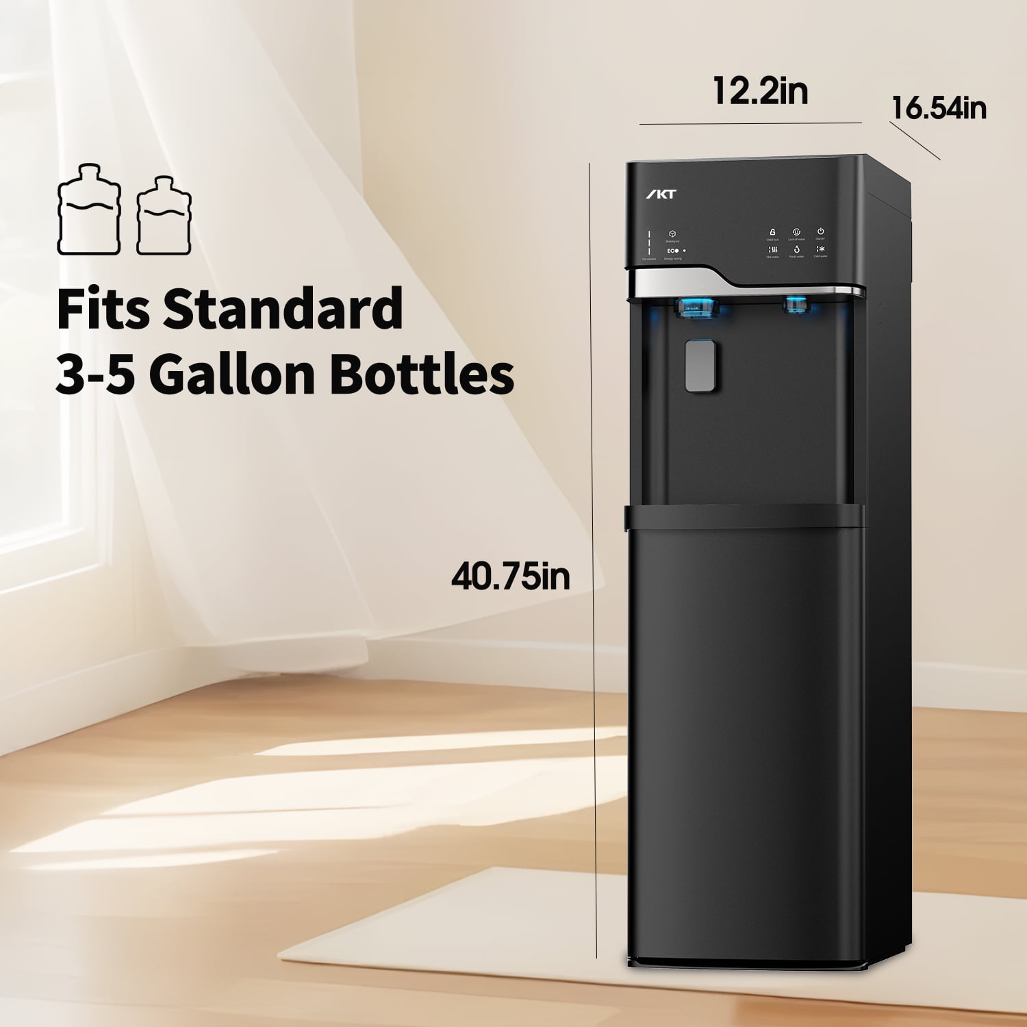 IKT Self Cleaning Water Dispenser with Ice Maker Bottom Load for 5 Gallon，22lbs Daily Capacity，3-Temp（Hot/Room/Cold），Child Safety Lock，Empty Bottle Light，Black