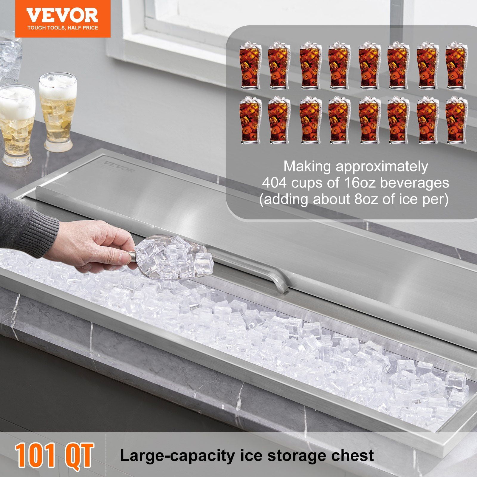 HCY Drop in Ice Chest, 36"L x 18"W x 14"H Stainless Steel Ice Cooler, Commercial Ice Bin with Sliding Cover, 40.9 qt Outdoor Kitchen Ice Bar, Drain-pipe and Drain Plug Included, for Cold Wine Beer