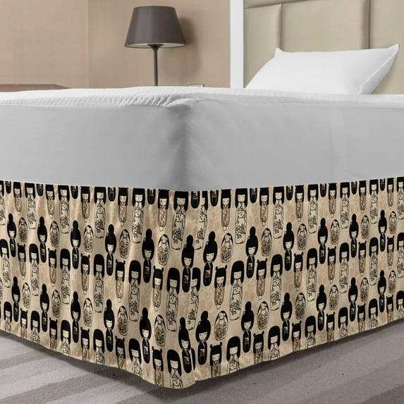 Ethnic Bed Skirt, Japanese Kokeshi Dolls with Sakura Flower Patterned Dresses Cultural Print, Elastic Bedskirt Dust Ruffle Wrap Around for Bedding Decor, 4 Sizes, Beige Black and Tan, by Ambesonne