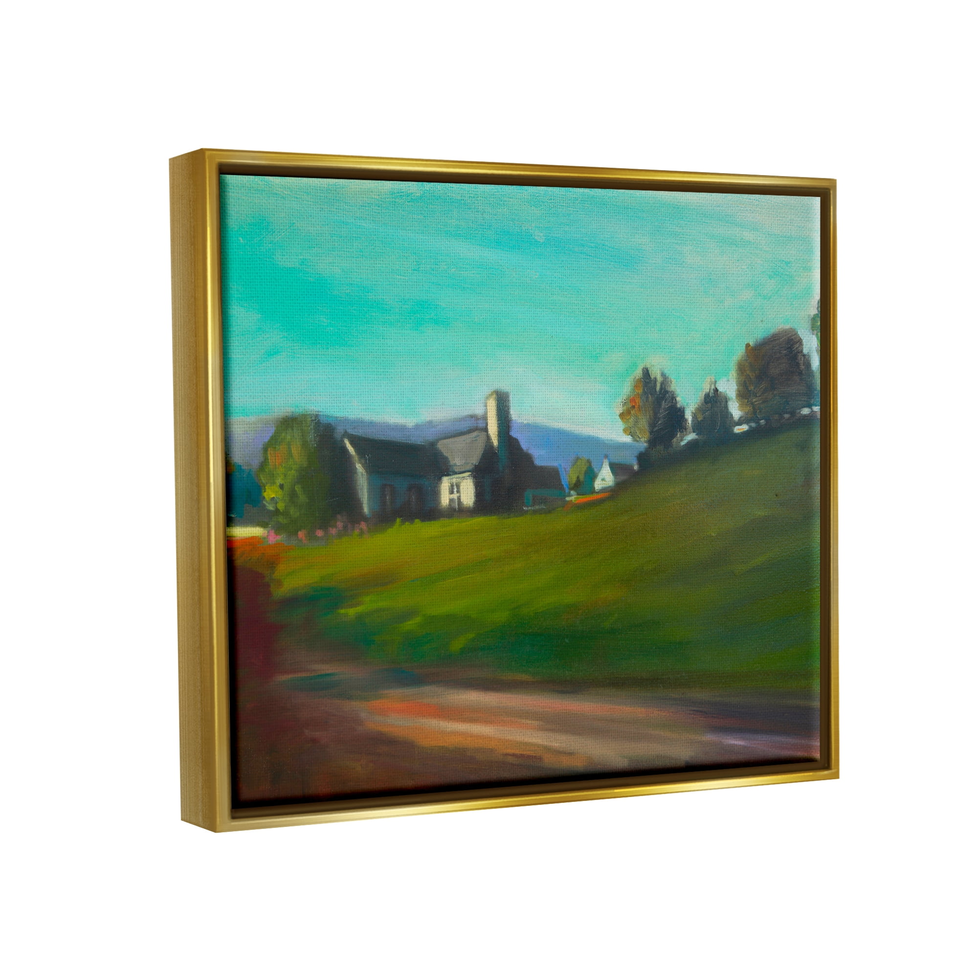 Stupell Industries Rural House Landscape Nature Painting Gold Floater Framed Art Print Wall Art, 21 x 17