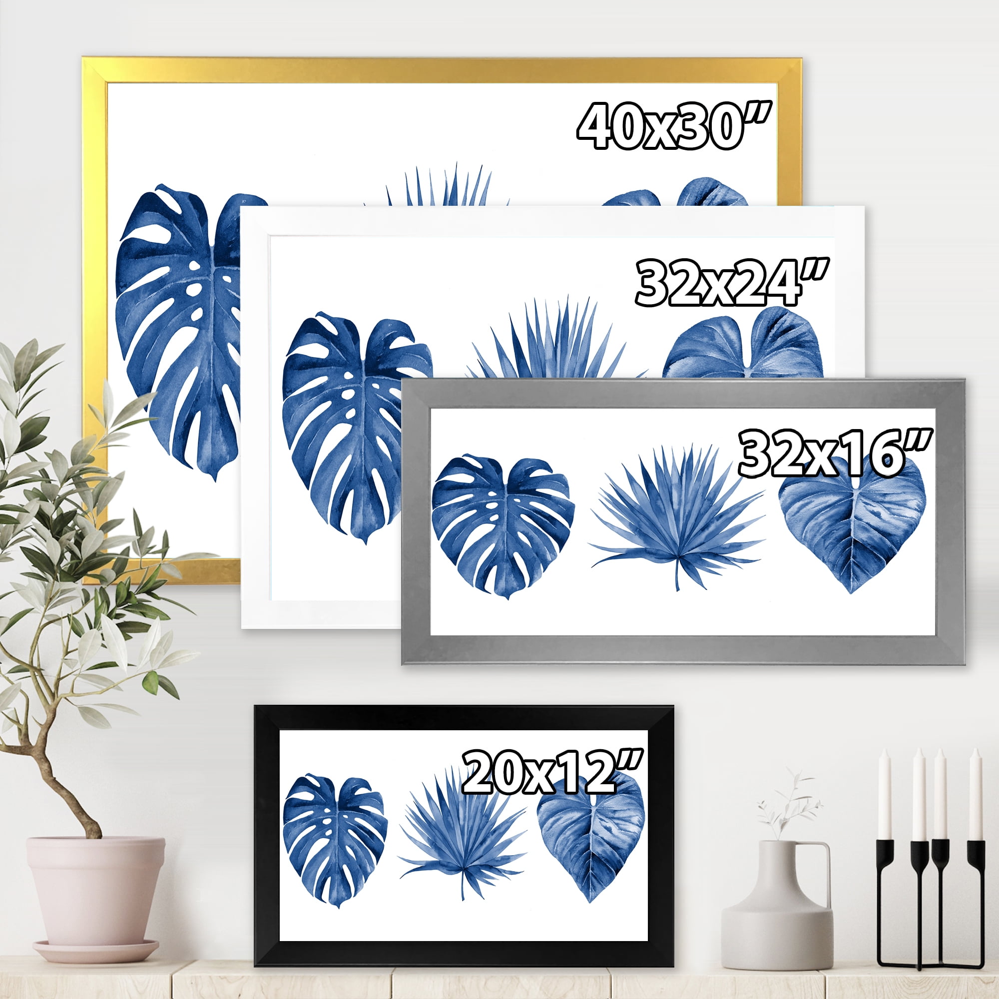 Designart 'Tropical Leaves In Classic Blue ' Tropical Framed Art Print