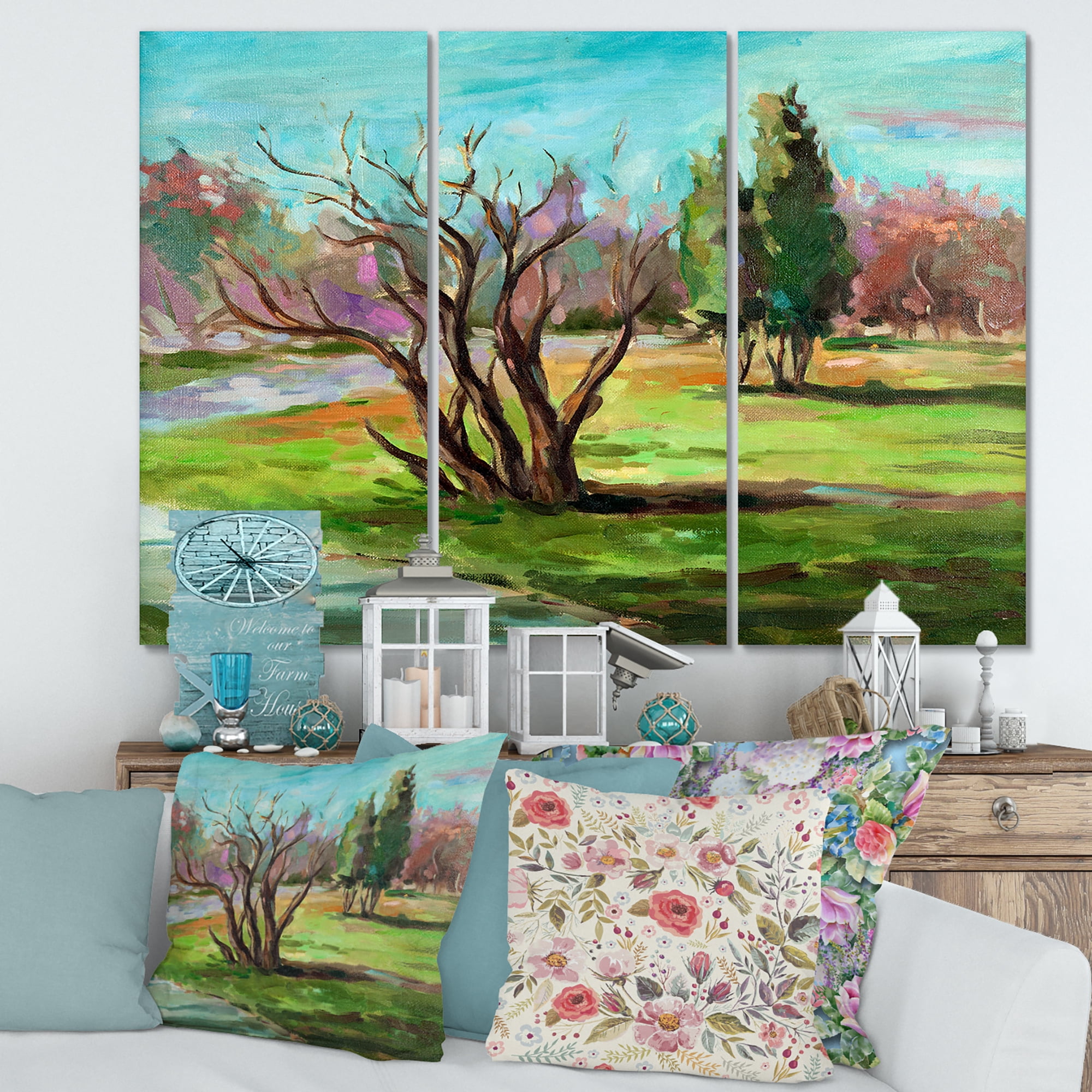 Designart ' Two Distant Trees In A Vibrant Green Landscape ' Traditional Canvas Wall Art Print