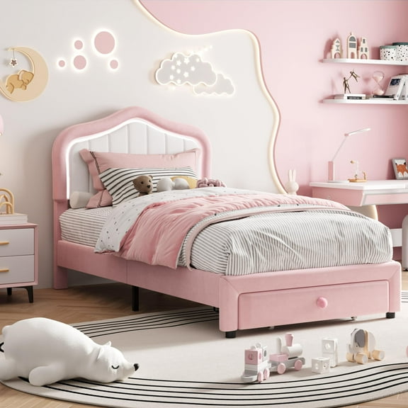 Twin XL Upholstered Bed Frame with Storage Drawer and Smart Led Headboard, Cute Velvet Led Bed Frame, No Box Spring Needed, Wooden Slats, Noise Free for Girls, Boys