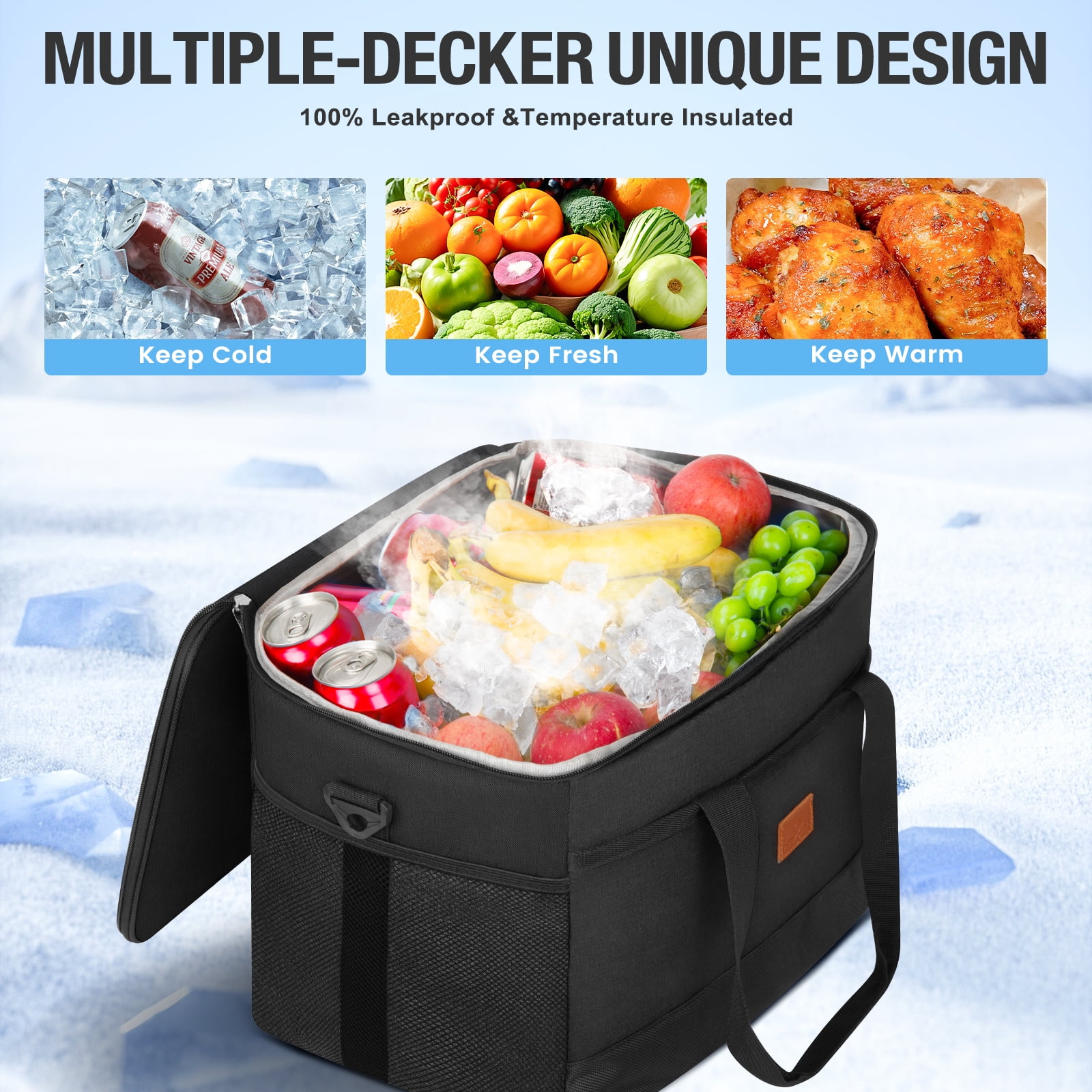 Cshidworld Cooler Bag 48 Cans Collapsible Soft Cooler Large Insulated Soft Sided Cooler Bag, 35L Insulated Bag Portable Ice Chest Box for Lunch Drink Beverage Beach Travel Camping Picnic, Black