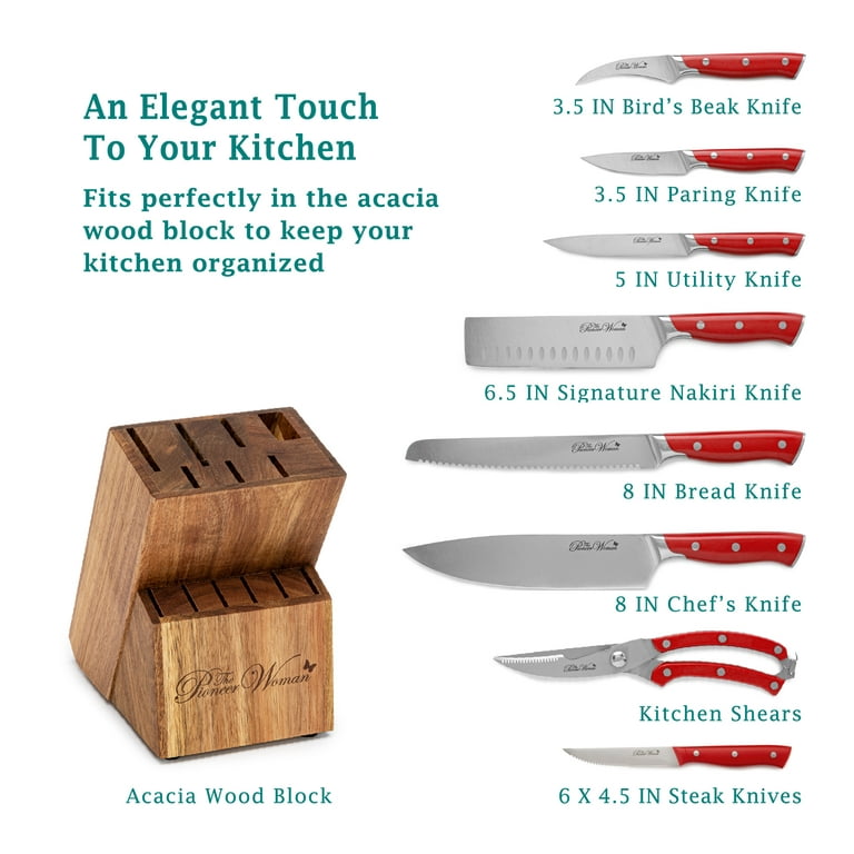 The Pioneer Woman Pioneer Signature 14-Piece Stainless Steel Knife Block Set,  Red 