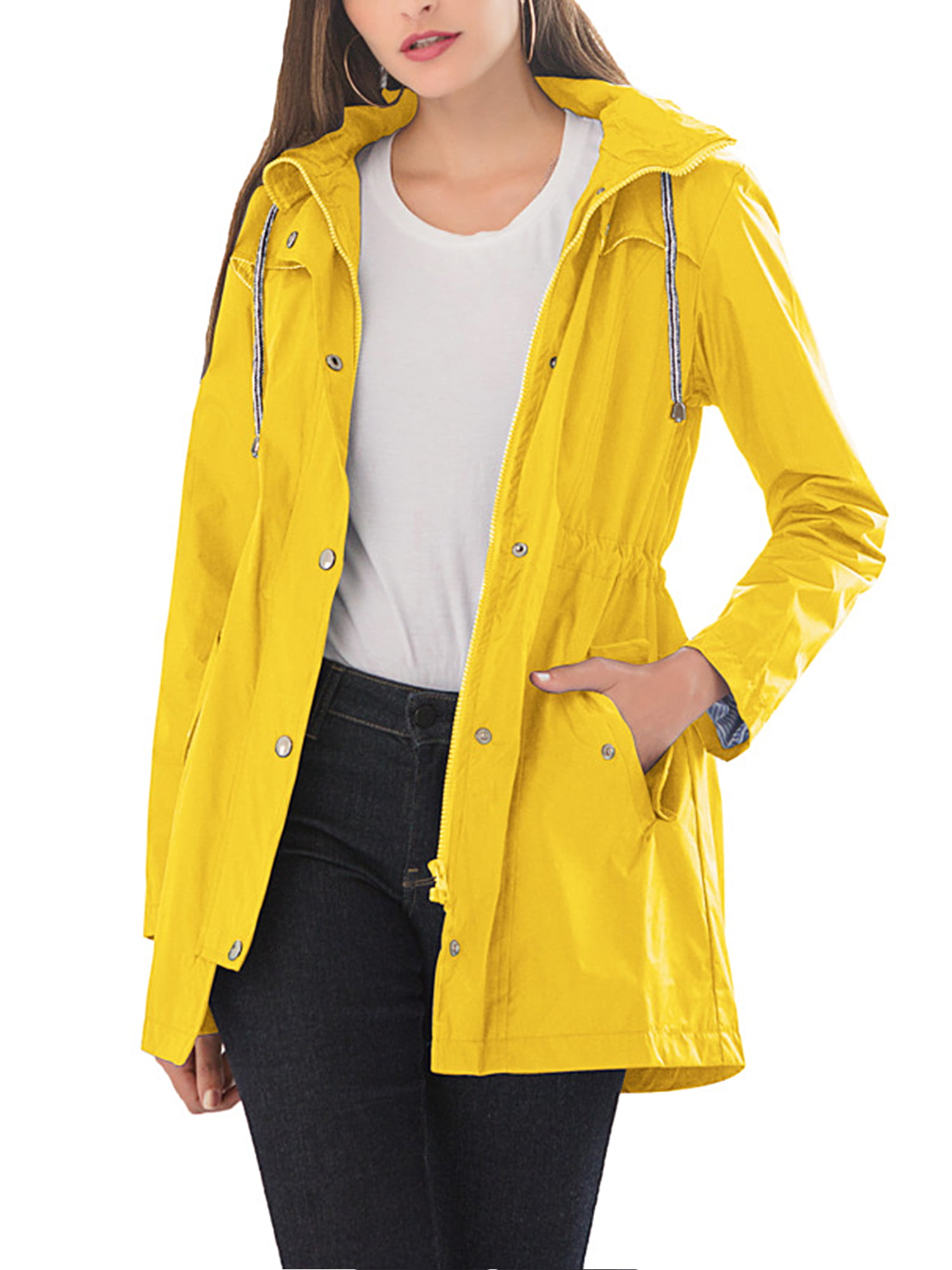 Womens Zip-Up Anorak Drawstring Hoodie Jacket Sanp on Warm Jackets Full Zip Rain Coat with Pocket