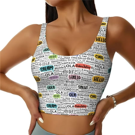 Jgfou Hello Print Womens Sports Bra - Padded Workout Sports Bras Crop Tank Top