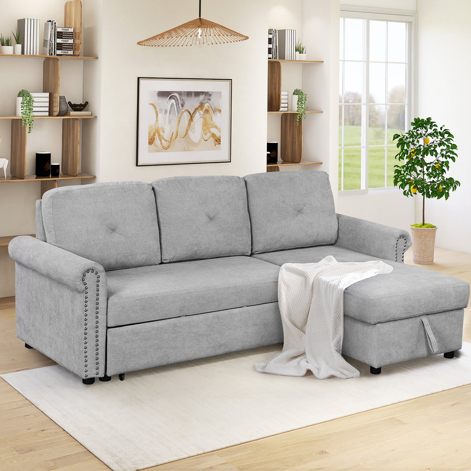 Kadyn 83" Mid-century Velvet Convertible Sectional Sofa Bed, 3-Seater L-shape Corner Futon Sofa with Storage Chaise, Modern Sleeper Sofa Bed for Apartment, Gray