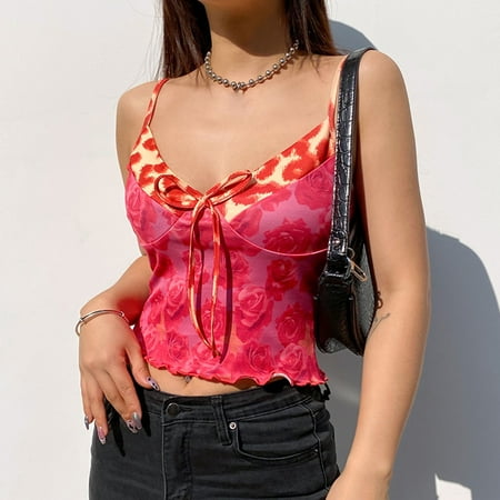 

PhoneSoap Women Fashion Slim Rose Print Halter Bow Mini Vest Short Camisole Red