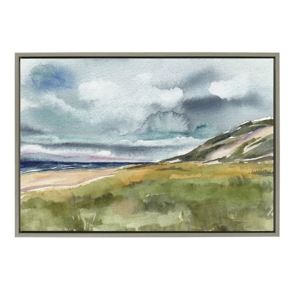 Kate and Laurel Sylvie Seascape Framed Canvas Wall Art by Patricia Shaw, 23x33 Gray, Decorative Watercolor Landscape Art Print for Wall