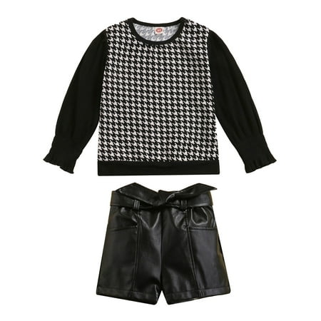 

Sunisery 2PCS Toddler Infant Baby Girls Elastic Cuff houndstooth Long Sleeve Tops Leather Shorts Set Black 1-2 Years