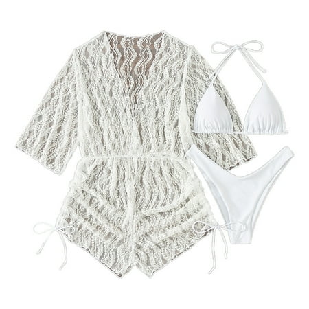 Womens Swimsuits Mesh Three Piece Sexy Backless Bikini Set Thong with Cover Up White Women s Swimwear L