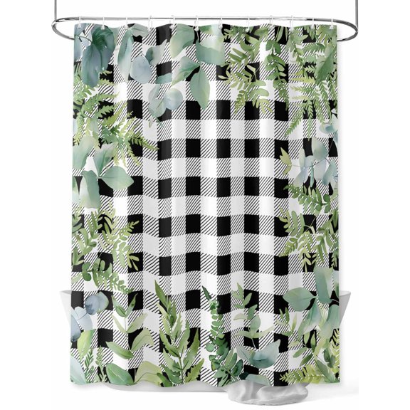Fsddascl Eucalyptus Leaves Shower Curtain Set - 48" x 72" Washable Bathtub Curtain with 12 Hooks, Summer Botanical Black Checked Waterproof Fabric Stall Shower Curtains for Bathroom/Bathtub Décor