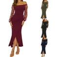 thumbnail image 6 of Women's Cocktail Dress Elegant Strapless Off Shoulder Sexy Sheer Mesh Sleeve Pleated Trim Wrap Side Slit Maxi Long Party Dresses, 6 of 6