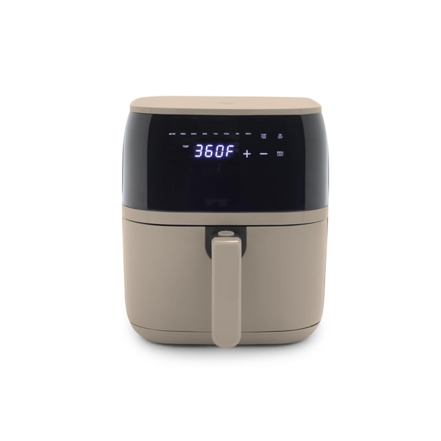 freidora de aire gl freidora de aire digital 5.3QT beige, vista frontal centrada con panel táctil digital iluminado mostrando 360°F, cajón de deslizamiento fácil con manija frontal, ventana negra superior y diseño compacto, capacidad para comidas familiares, 8 modos preestablecidos y piezas aptas para lavavajillas; suele usarse para preparar comidas para la semana.