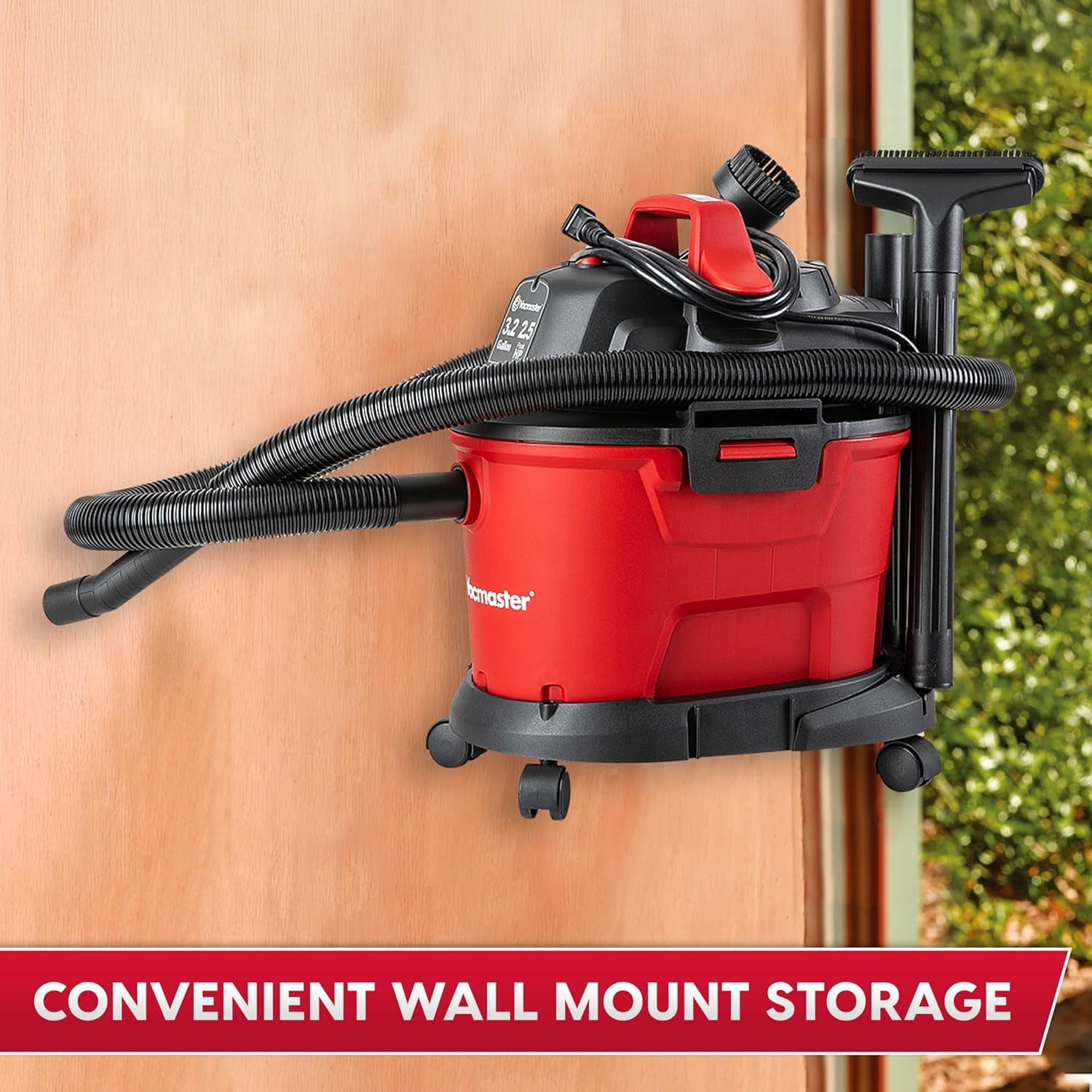Vacmaster VHB305M 1101 Wall Mount Wet Dry Vacuum, 3.2 Gallon 2.5 Peak HP, Red