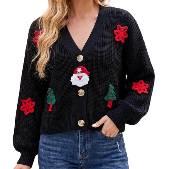 Enjoytime Knit Cardigan for Women Christmas Print Long Sleeve Sweater Coat Fall Winter Cozy V-Neck Button Down Outerwear