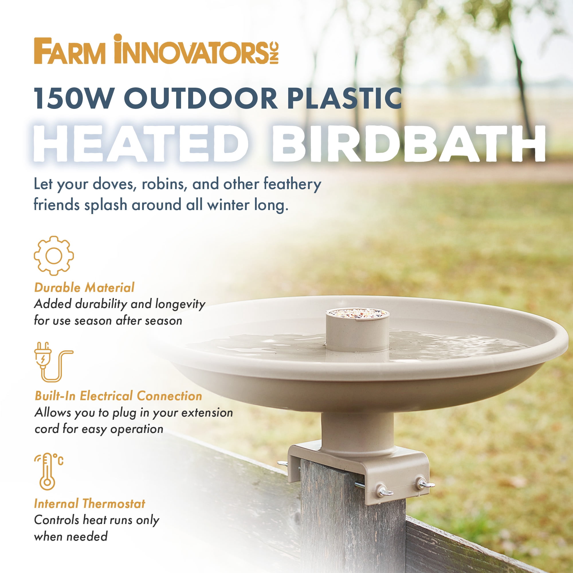 Farm Innovators 150 Watt Plastic Heated Birdbath w/ Deck Mount, Tan