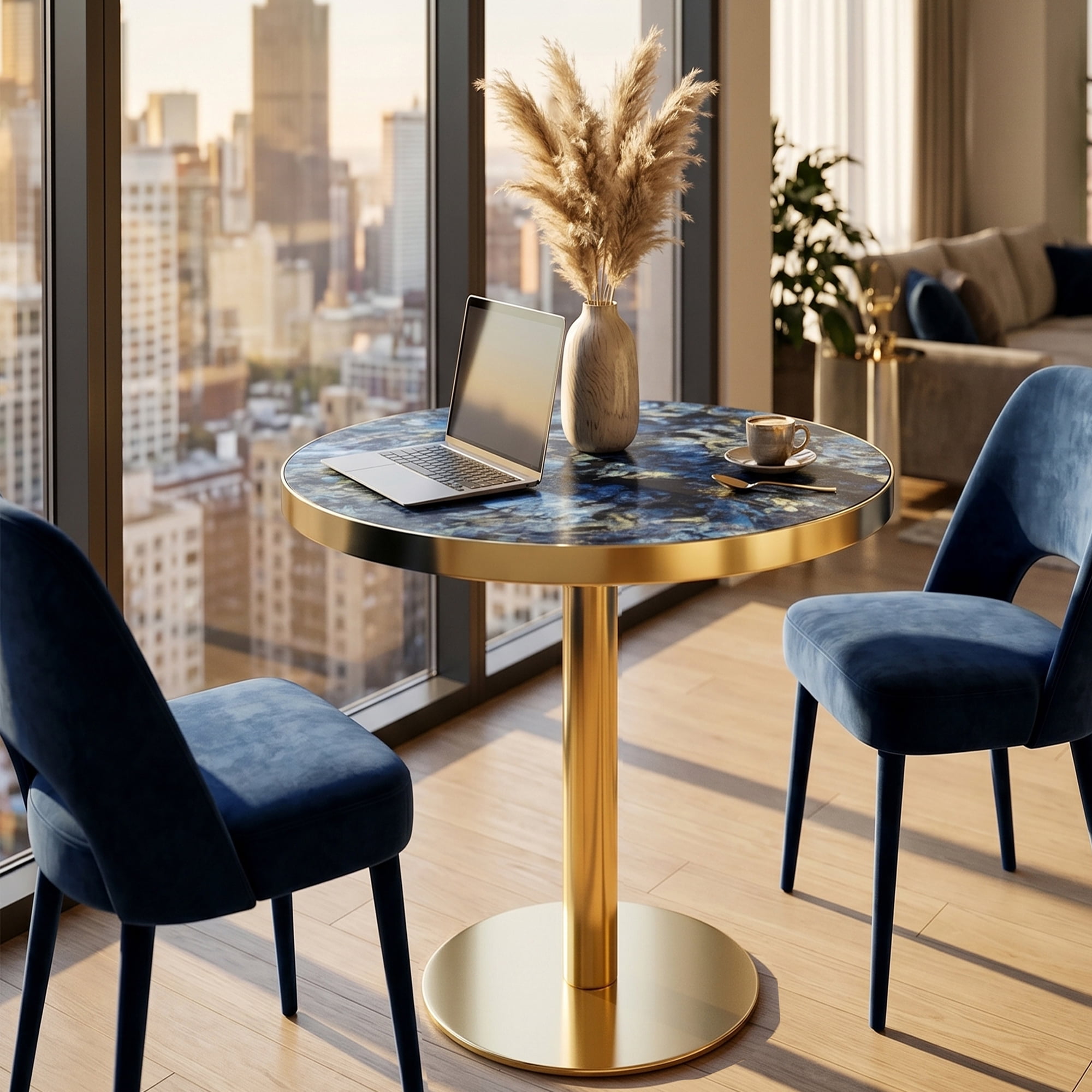 23.6" Round MDF sprayed with UV paint countertop, marble texture, stainless steel edging, metal table legs, modern light luxury edge/coffee table.