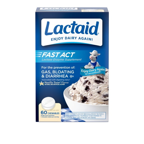 Lactaid Fast Act Chewables, Pills for Lactose Intolerance, Vanilla Twist Flavor, 60 Count