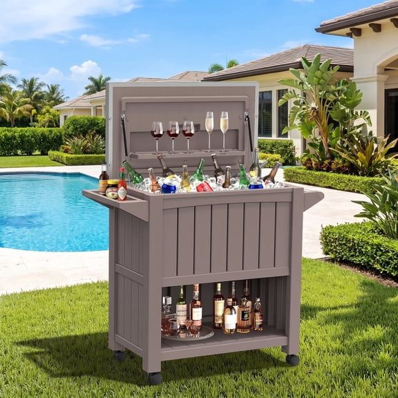 Dovov 120 Qt Rolling Ice Chest Cooler Cart with Shelf and Wheels, Portable Outdoor Drink Beverage Bar Patio Rolling Cooler Cart Outdoor Trolley with Bottle Opener, Cap Collector & Drainage, Brown