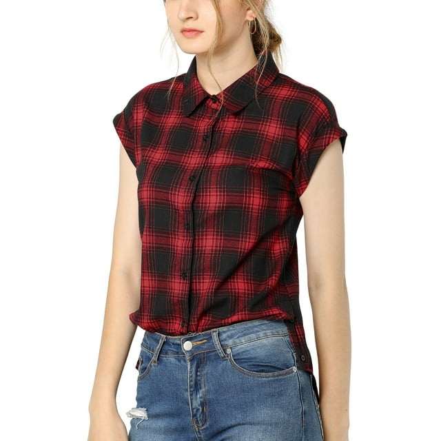 INSPIRE CHIC Women's Casual Plaids Short Sleeves Button Down Shirts