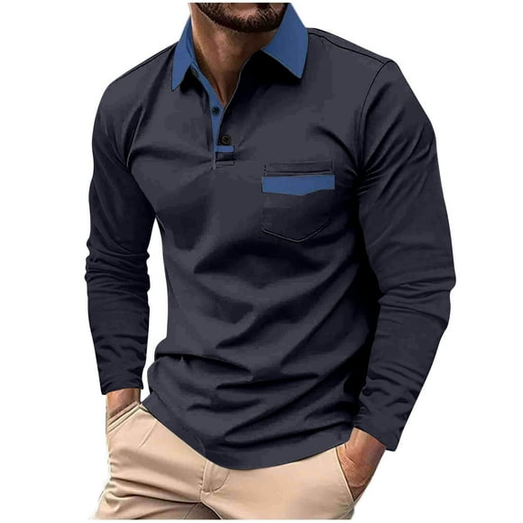 AherBiu Golf Shirts for Men Long Sleeve Lapel Collar Regular Fitted Athletic Shirt Fall Fashion Button Tees Tops