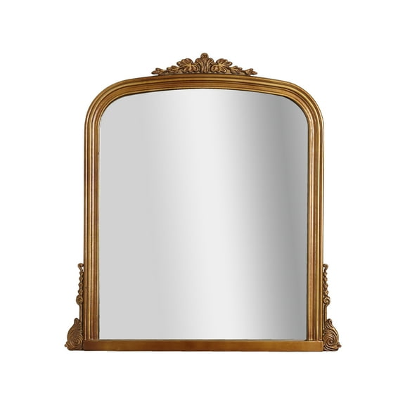 Brushed Gold Wood Ornate Vintage-Inspired Decorative Accent Wall Mounted Rectangle Mirror - 32" x 30" x 1"