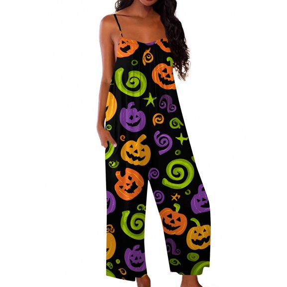 Halloween Jumpsuits for Women Castle Witch Hat Halter Backless Funny Rompers Bat Spiderweb Wide Leg Horror Overalls, 2XL