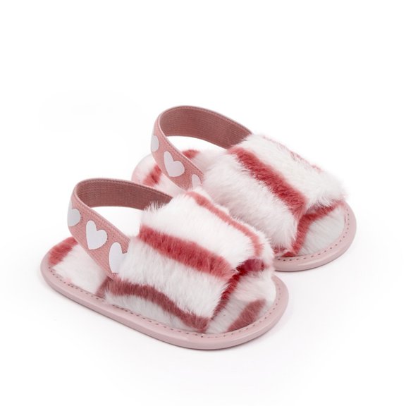 Baby Girls Warm Fuzzy Slipper Plush Sandals Soft Sole Faux Fur Flats Toddler Prewalker Slipper Elastic Back Strap