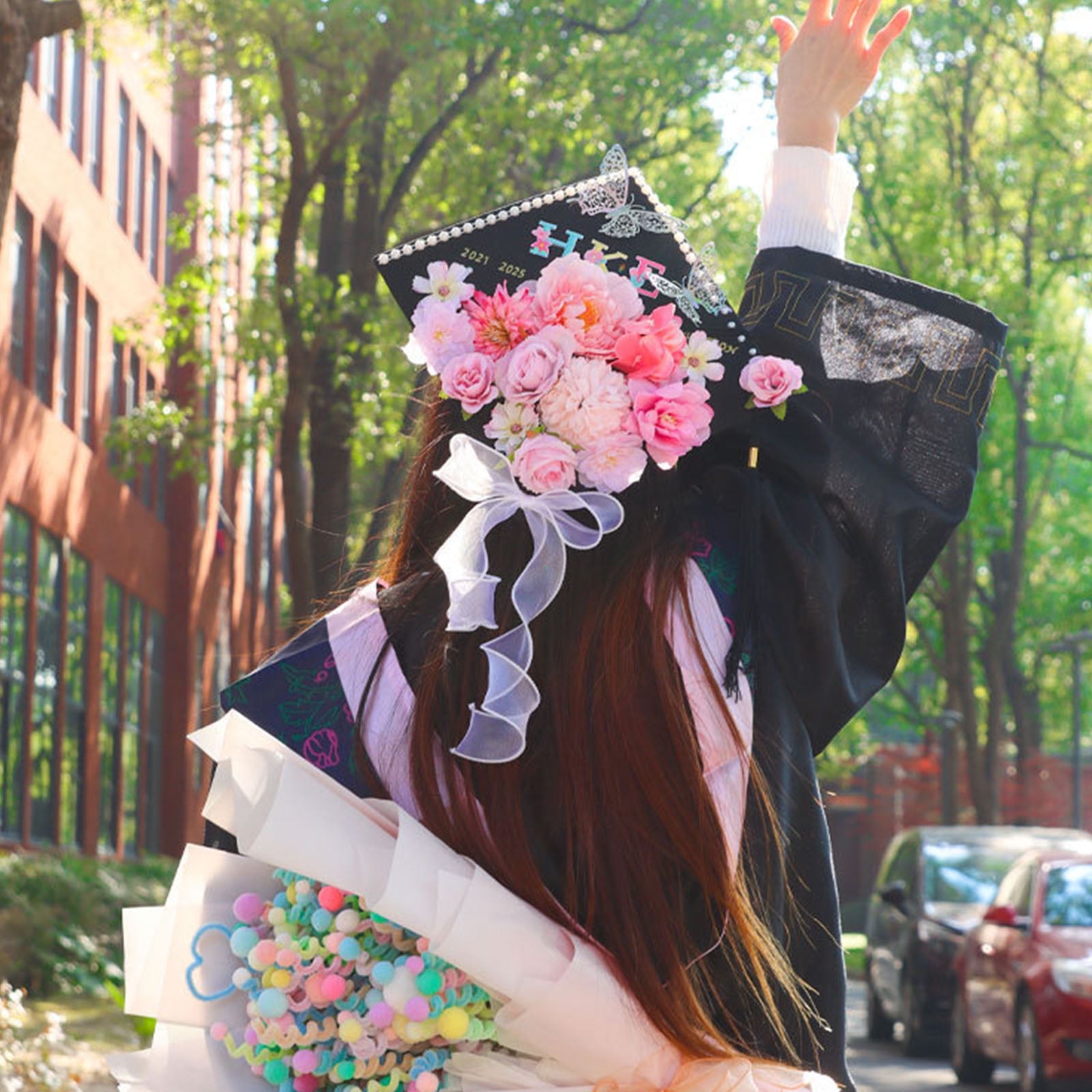 Graduation Hat Top Decoration Set With Butterfly Sticker Artificial Flower Pearls Chain For Art Craft Project