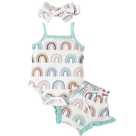 

HESHENG Newborn Baby Girls Floral Summer Outfits Sleeveless Sling Romper Tops + Ruffle Shorts + Headband Clothes Set White 6-12M(90)