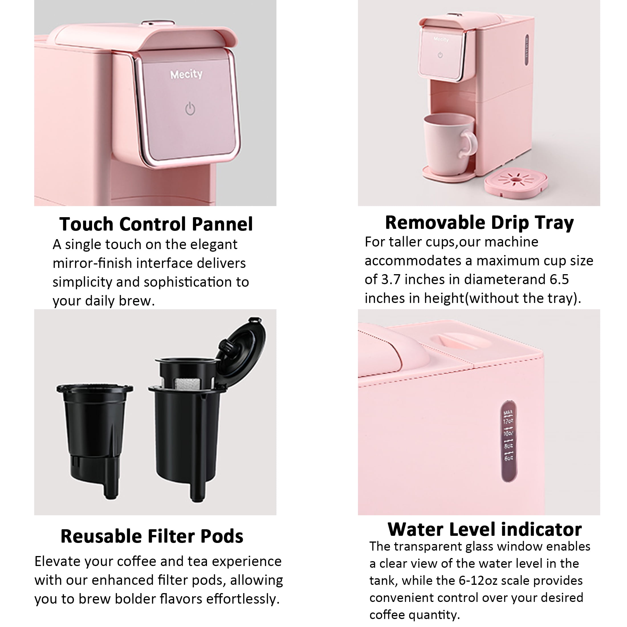Mecity Compact Stainless Steel Single Serve Coffee & Tea Maker, 6-12 Oz Brew Sizes, Pink