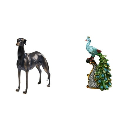 2 Pieces Greyhound Dog Statue Peacock Figurine Resin Animal Sculpture Black Bronze Desk Living Room Ornament