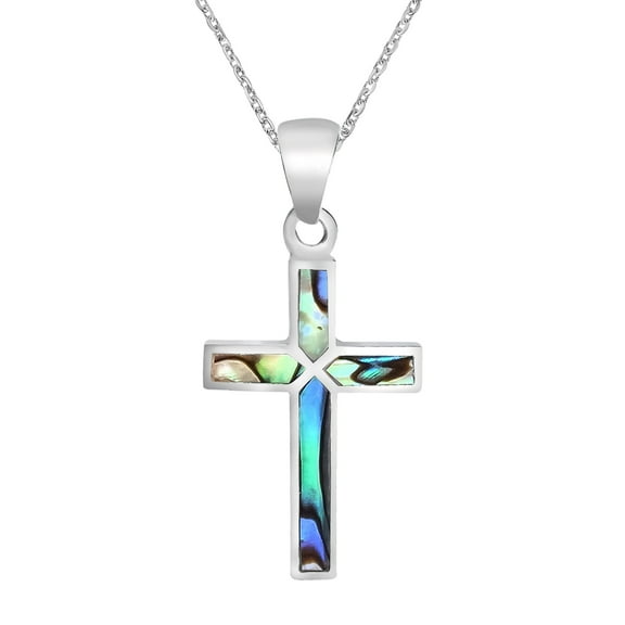 Colorful Cross of Faith Inlaid Abalone Shell .925 Sterling Silver Necklace
