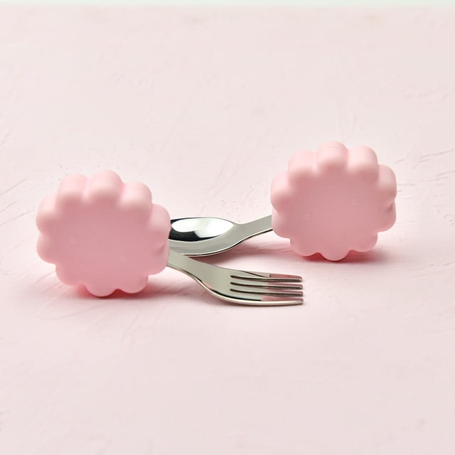 Tenedor cuchara de entrenamiento para aprender a comer para bebés hipopótamo, mango corto, vajilla de acero inoxidable, tenedor cuchara de silicona para alimentos complementarios para niños