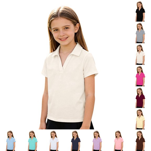 Polo Shirt Girls Short Sleeve V-Neck Girls Tennis Shirt Girls Athletic Shirts Beige Polo Shirts Size 3-14 Years