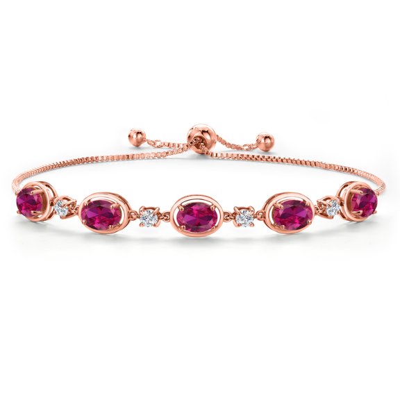 Gem Stone King 18K Rose Gold Plated Silver Red Created Ruby Bracelet for Women | 4.25 Cttw | Gemstone July Birthstone | Oval 7X5MM | Fully Adjustable 9 inch