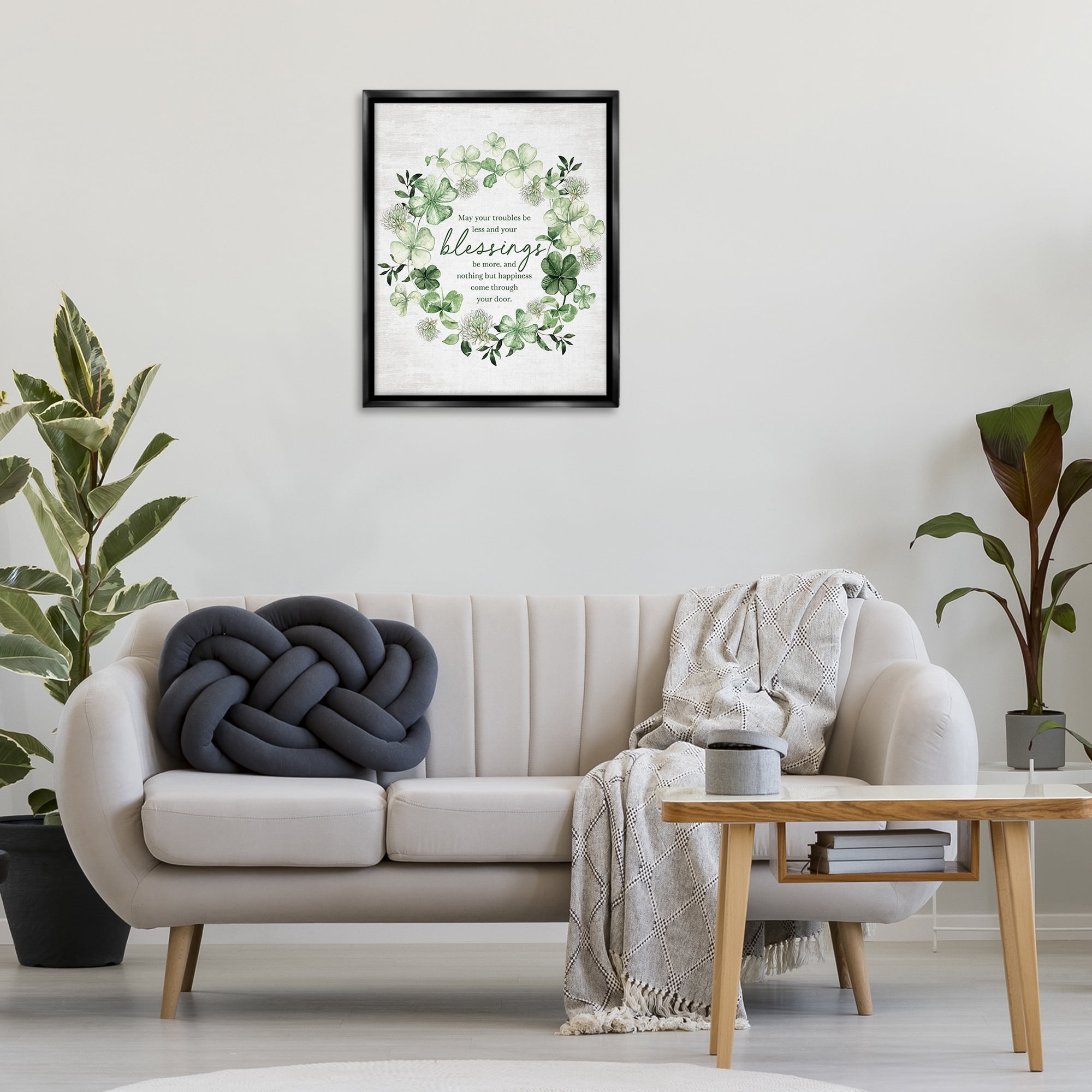 Stupell Industries Clover Wreath Blessing Botanical & Floral Painting Black Floater Framed Canvas Art Print Wall Art, 25 x 31