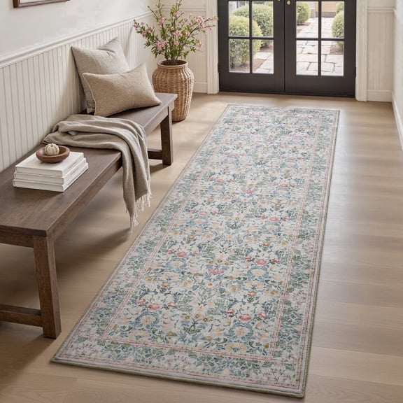 SIXHOME 2'x6' Floral Runner Rug, Washable Non-Slip Traditional Carpet, Soft Botanical Kitchen Hallway Entryway Rug, Sage Green