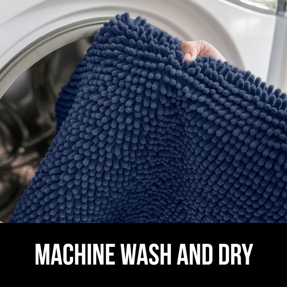 GORILLA GRIP Chenille Bath Rug 24x16, Rubber Backing Quick Dry Washable Microfiber Mats, Navy